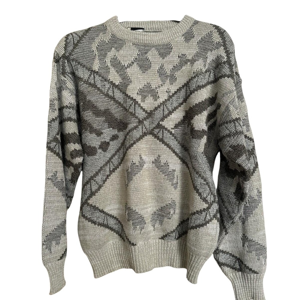 Vintage 80s/90s Expressions International Geometric Knit Sweater Gray Black  L‎